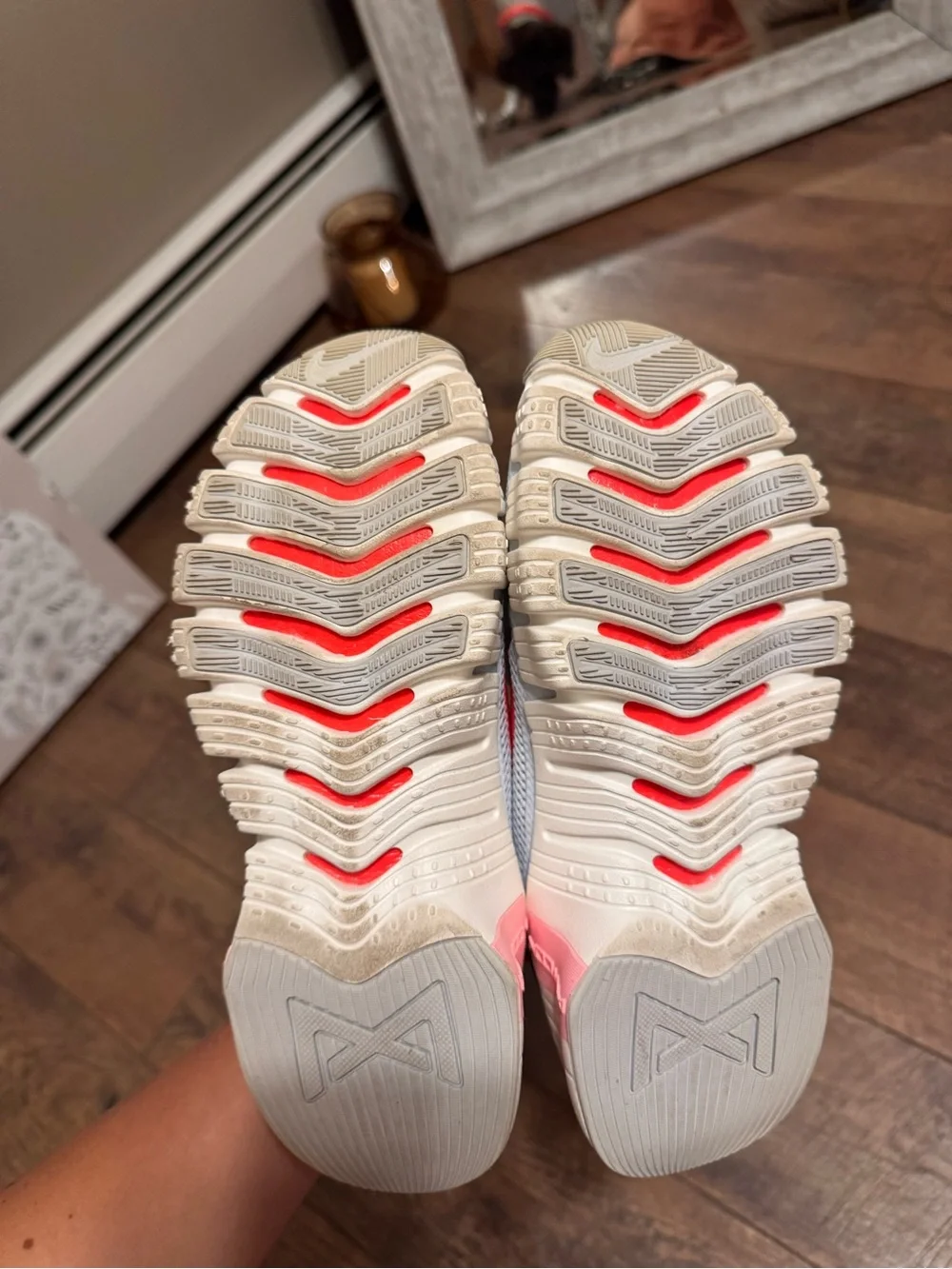 Nike Gray Athletic Sneakers with Bright Red Swoosh and Pink Accents